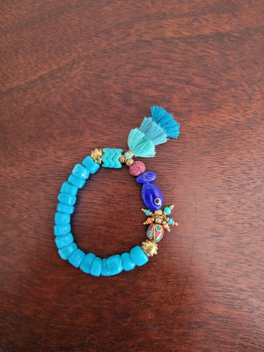 New Women's Turquoise Beaded Tassel Bracelet with Blue Accent Bead